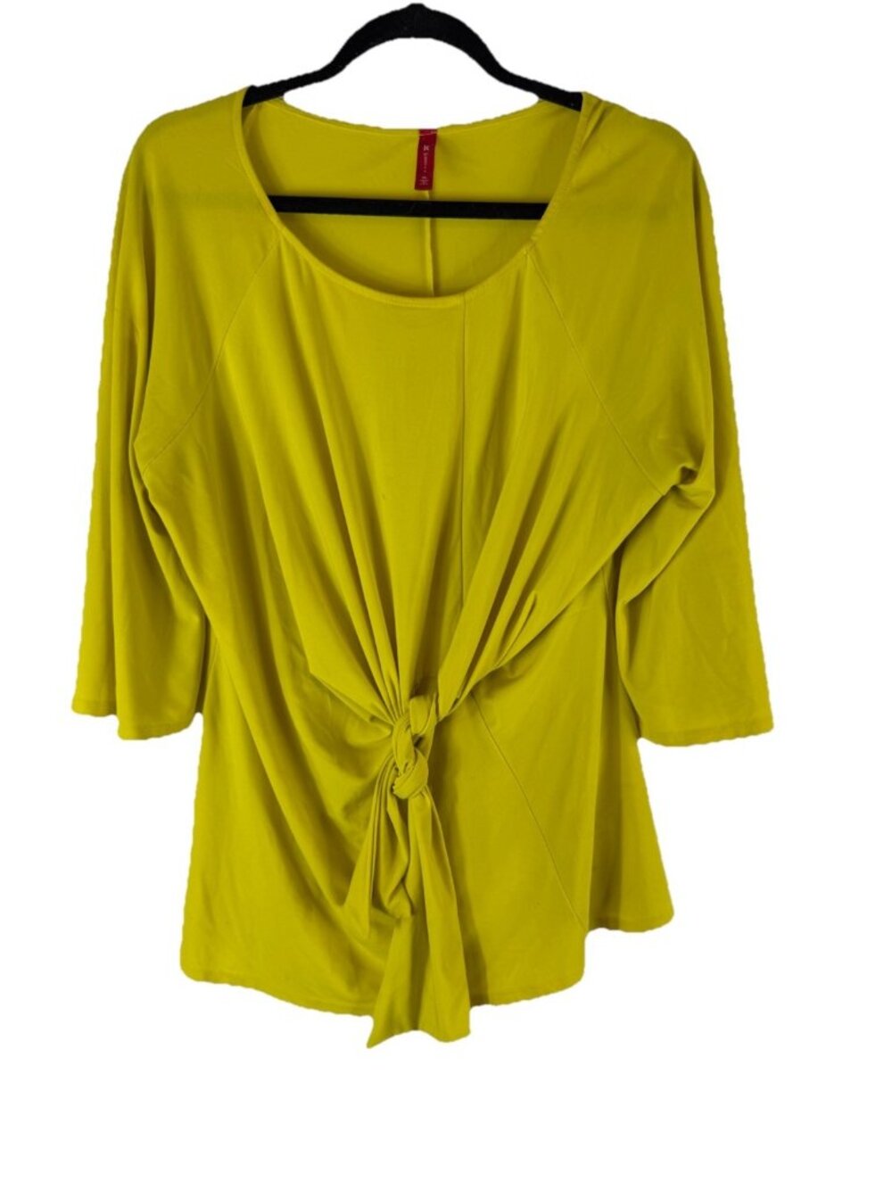 IC Connie K Shirt Top Yellow Ruched Knotted Faux Wrap Slinky